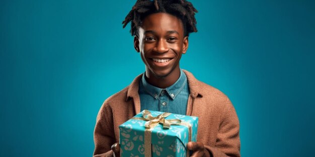 A nice young black man happily surprised with a gift in his hands with a blue background