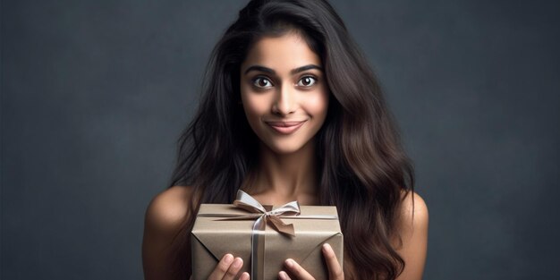 A nice young indish woman happily surprised with a gift in her hands with a gray background