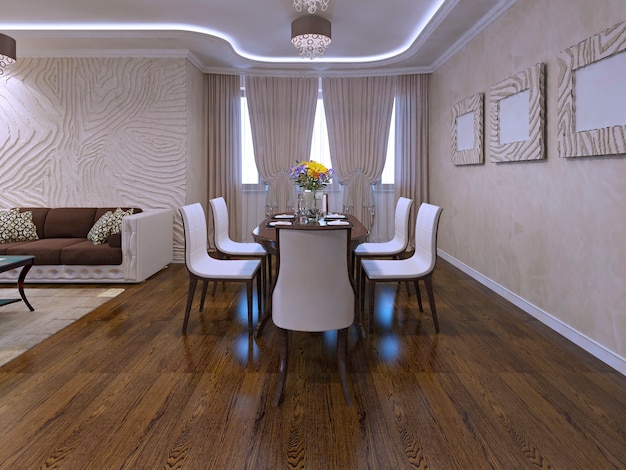 Nicely decorated and served lunch, dining room table. 3D render