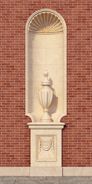 Photo niche in a classic style with a vase on a brick wall. 3d rendering