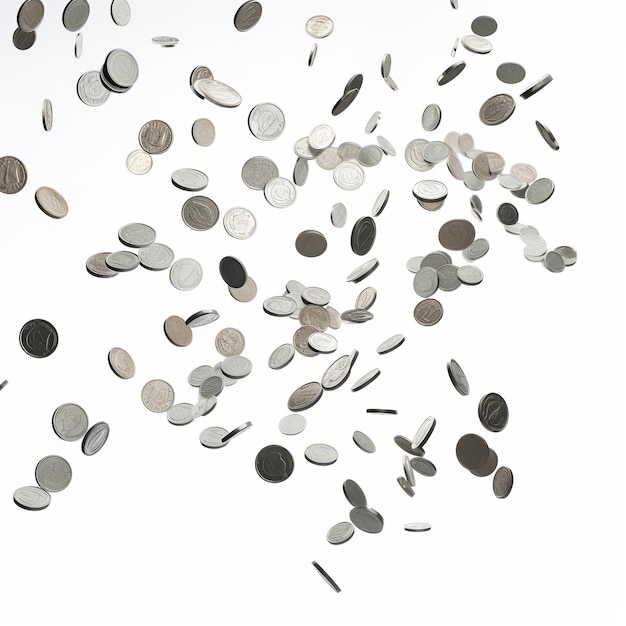 Nickle Rain A Mesmerizing Display of Coins Descending in Chaotic Patterns against a Pristine White