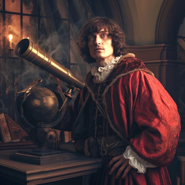 Nicolaus Copernicus with vintage telescope