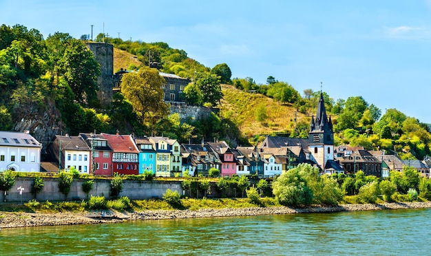 Niederheimbach town with Heimburg Castle on the Rhine in Germany