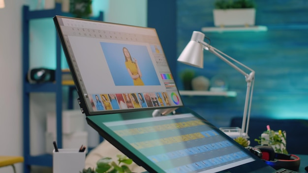Niemand in fotostudio met retoucheer-app op computer aan bureau. Close-up van de monitor met bewerkingssoftware voor het retoucheren van foto's en mediaproductie. Afbeelding bewerken en ontwerpen
