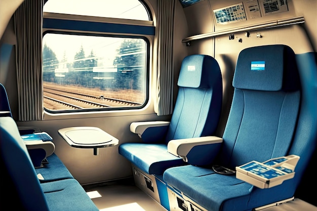 Niemand in moderne treininterieurwagen met blauwe stoelen