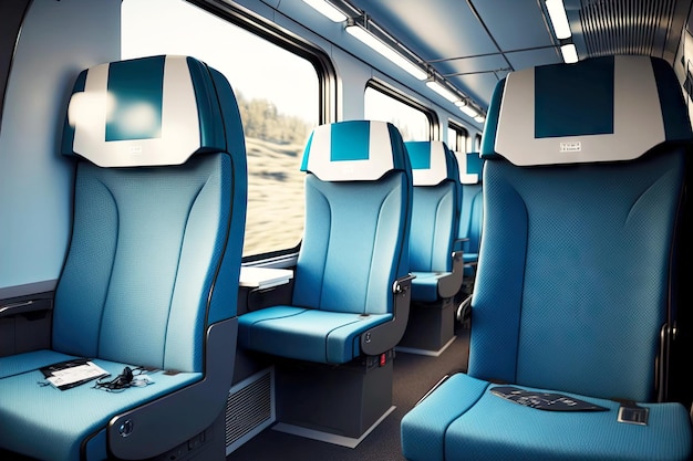Niemand in moderne treininterieurwagen met blauwe stoelen