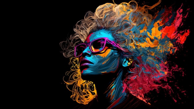 Niet-bestaande Afro-Amerikaanse vrouw met brilportret in gemengde kleurenspatten op zwarte achtergrond