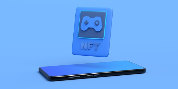 Niet-fungibel token van videogame NFT van gaming met smartphone op de blockchain Ruimte kopiëren