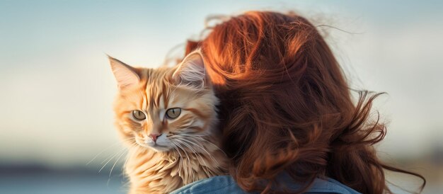 Niet-geïdentificeerde vrouw die mooie gemberkat vasthoudt van achter een leeg gebied