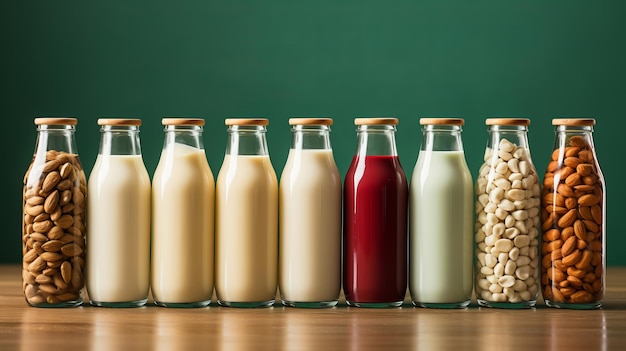 Niet-zuivel plantaardige melk in flessen en ingrediënten op de achtergrond Alternatieve lactosevrije melk