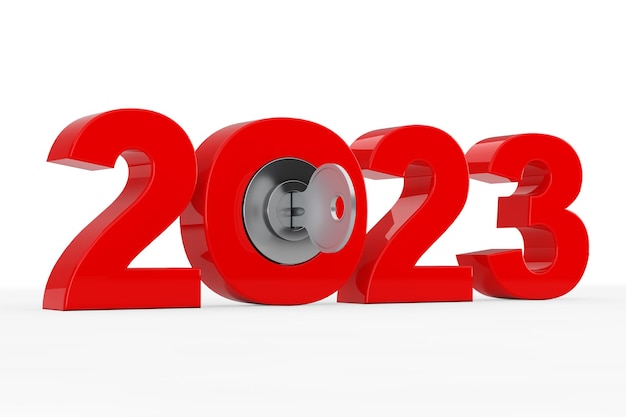 Nieuw 2023 jaarbord met sleutel 3D-rendering