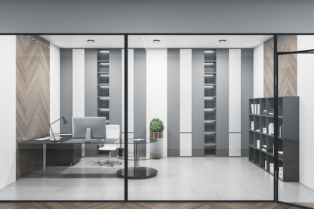 Nieuw betonnen glazen kantoorinterieur met daglicht en houten vloeren Werkplek ontwerpconcept 3D Rendering