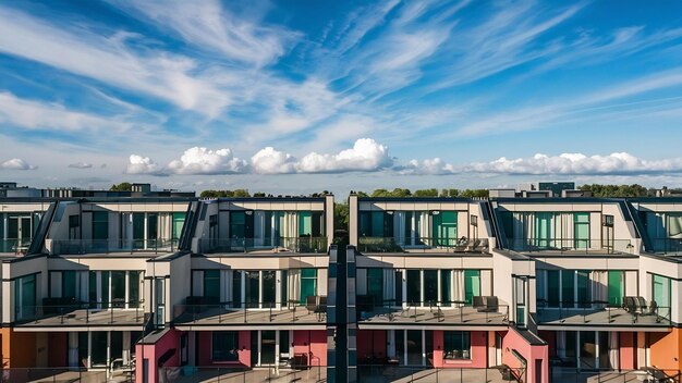 Nieuw blok van moderne appartementen met balkons en blauwe lucht op de achtergrond