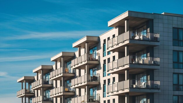 Nieuw blok van moderne appartementen met balkons en blauwe lucht op de achtergrond