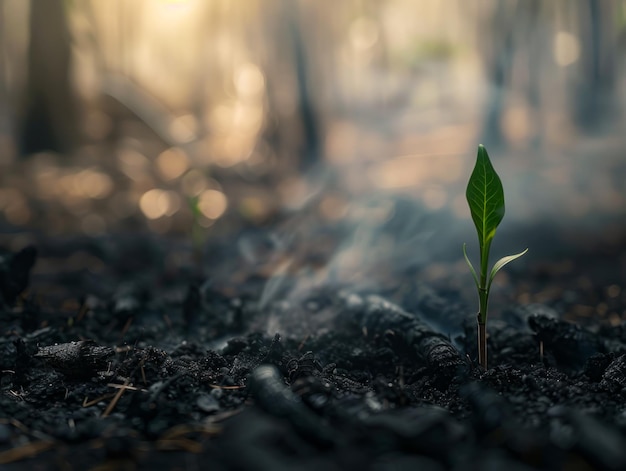 Nieuw groeiend boompje dat uit verbrand bosgrond ontspringt hoop en vernieuwing