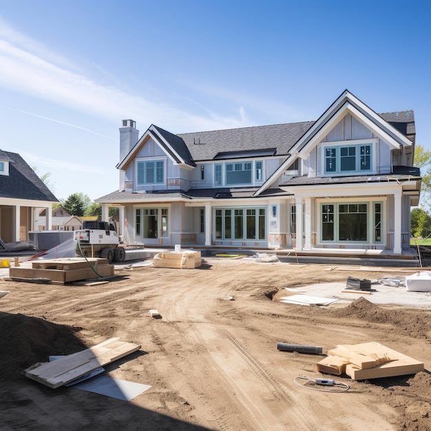 Nieuw huis in aanbouw met schoorsteen en grote ramen