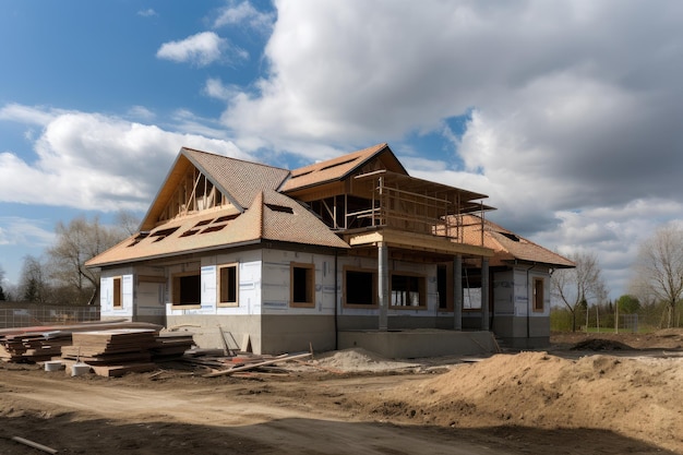 Nieuw huis waarvan het dak en de buitenmuren al zijn geïnstalleerd tijdens de laatste fasen van de bouw