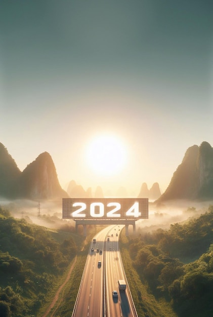 nieuw jaar 2024 een foto van een snelweg in het midden van de natuur kopieer ruimte achtergrond generatieve ai