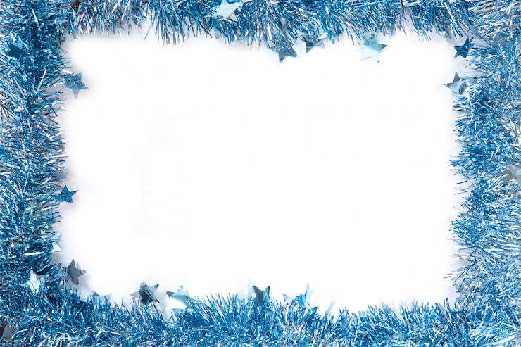 Foto nieuw jaarframe van blauw klatergoud op witte achtergrond