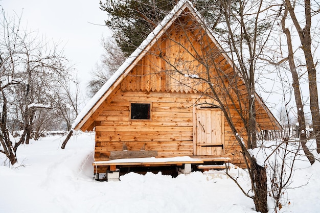 Nieuw klein houten huisje in besneeuwde tuin