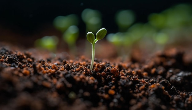 Nieuw leven ontspruit uit natte grond die gedijt, gegenereerd door AI