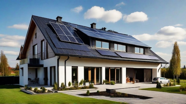 Nieuw voorstedelijk huis met een fotovoltaïsch systeem op het dak Moderne milieuvriendelijk passief huis