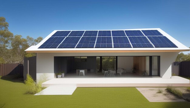 Nieuw voorstedelijk huis met een fotovoltaïsch systeem op het dak Moderne milieuvriendelijke passieve huis met zo