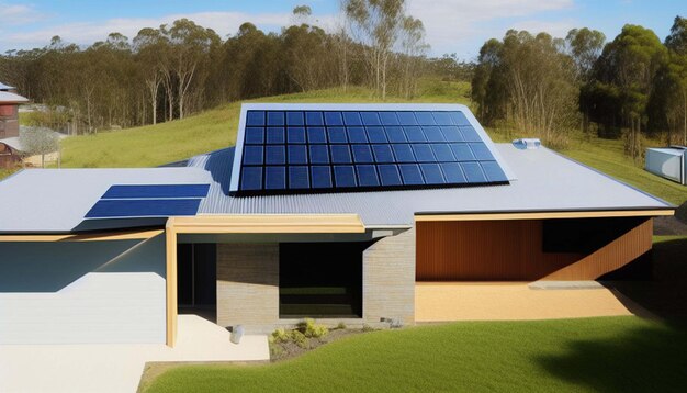 Nieuw voorstedelijk huis met een fotovoltaïsch systeem op het dak Moderne milieuvriendelijke passieve huis met zo