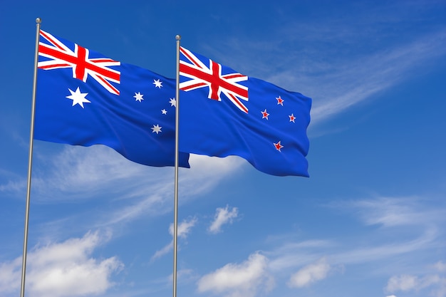 Nieuw-Zeeland en Australië vlaggen over blauwe hemelachtergrond. 3D illustratie