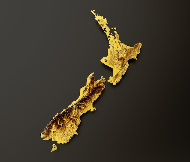 Nieuw-Zeeland Kaart Gouden metaal Kleur Hoogtekaart Achtergrond 3d illustratie