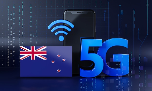 Nieuw-Zeeland klaar voor 5G-verbindingsconcept. 3D-rendering Smartphone technische achtergrond