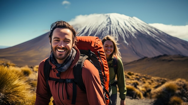 Nieuw-Zeeland Wandelpaar Backpackers Tramping In Tongariro National Park Mannelijke en vrouwelijke wandelaars wandelen bij Mount Ngauruhoe