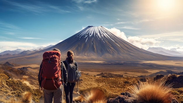 Nieuw-Zeeland Wandelpaar Backpackers Tramping In Tongariro National Park Mannelijke en vrouwelijke wandelaars wandelen bij Mount Ngauruhoe