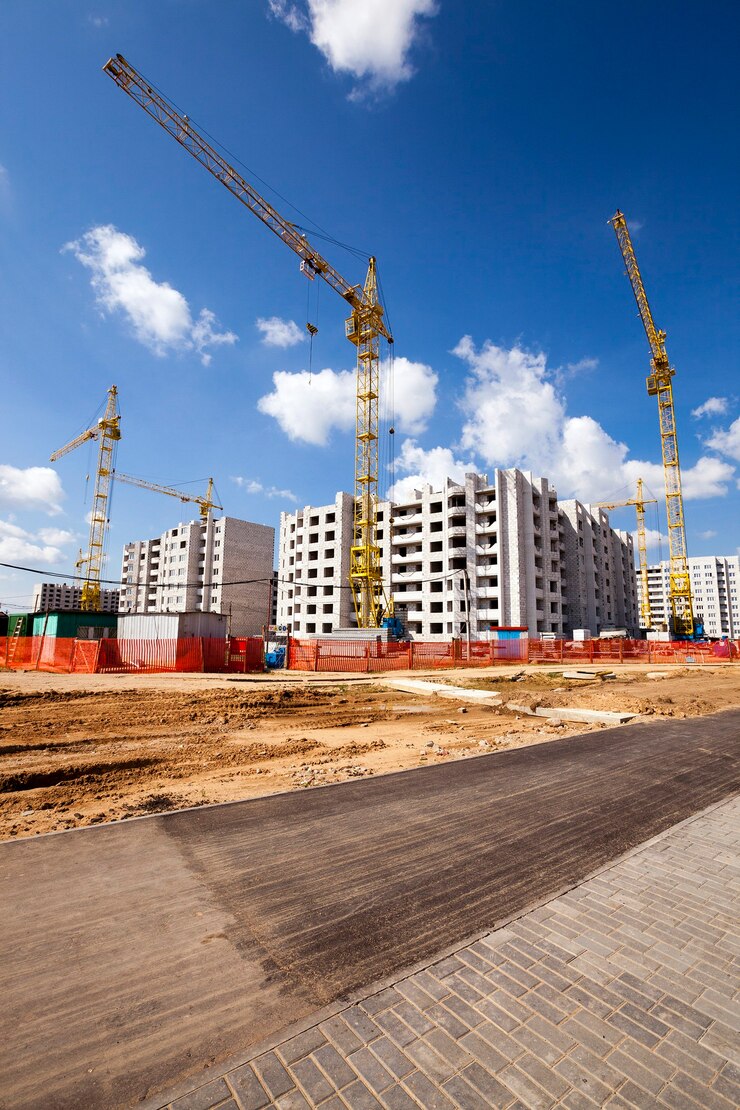 Foto nieuwbouw - bouw van het nieuwe huis in het nieuwe gebied in de stad.