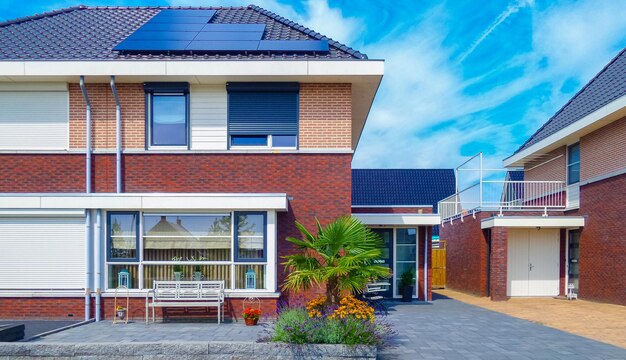 Foto nieuwbouw huizen met zonnepanelen bevestigd op het dak tegen een zonnige hemel