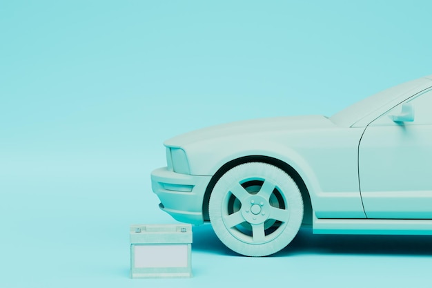 Nieuwe batterij naast de auto turquoise kleur op een blauwe achtergrond 3D render