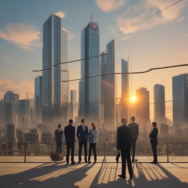 Nieuwe compositie van zakenlieden die een touw trekken over het stadsbeeld en gloeiende zon op de achtergrond