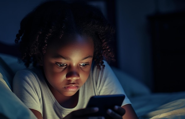 Nieuwe generatie Alpha-kind met smartphone in bed Gen Alpha Digital Native Child alleen met telefoon