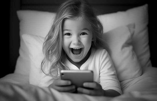 Nieuwe generatie Alpha-kind met smartphone in bed Gen Alpha Digital Native Child alleen met telefoon