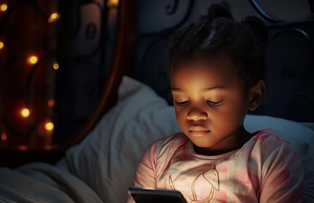 Nieuwe generatie Alpha-kind met smartphone in bed Gen Alpha Digital Native Child alleen met telefoon