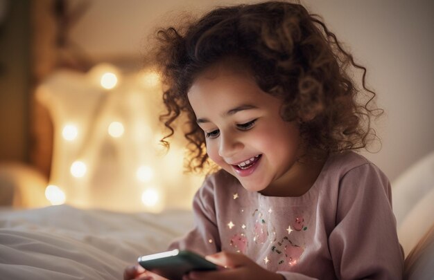 Nieuwe generatie Alpha-kind met smartphone in bed Gen Alpha Digital Native Child alleen met telefoon