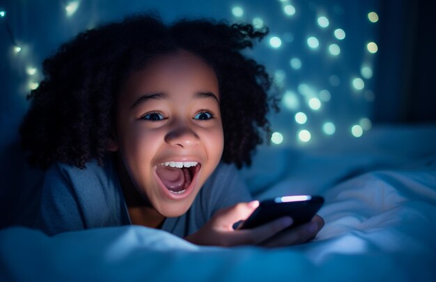 Nieuwe generatie Alpha-kind met smartphone in bed Gen Alpha Digital Native Child alleen met telefoon