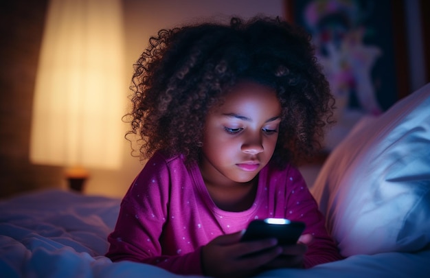Nieuwe generatie Alpha-kind met smartphone in bed Gen Alpha Digital Native Child alleen met telefoon