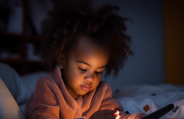 Nieuwe generatie Alpha-kind met smartphone in bed Gen Alpha Digital Native Child alleen met telefoon