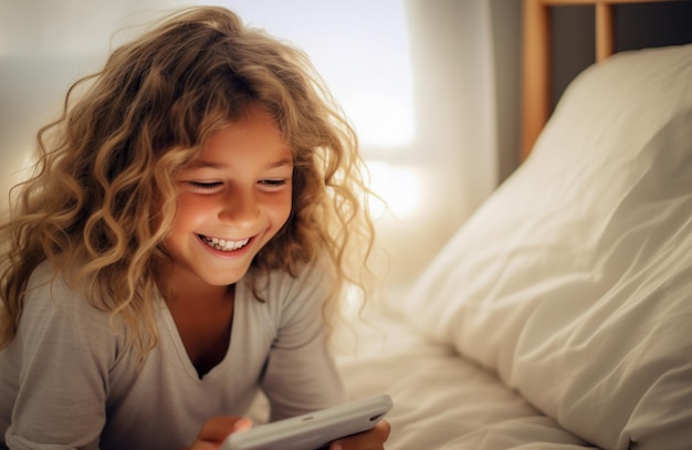 Nieuwe generatie Alpha-kind met smartphone in bed Gen Alpha Digital Native Child alleen met telefoon