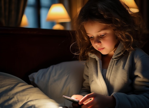 Nieuwe generatie Alpha-kind met smartphone in bed Gen Alpha Digital Native Child alleen met telefoon