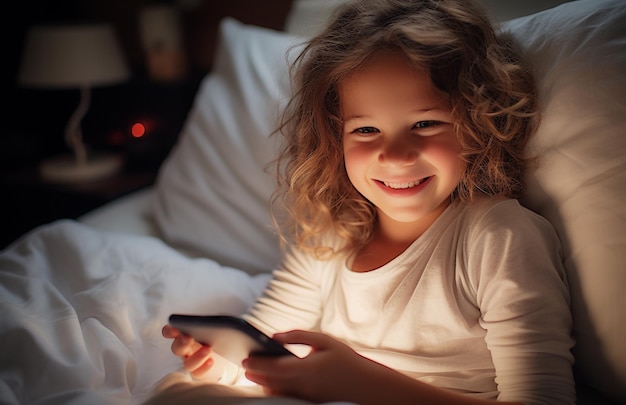 Nieuwe generatie Alpha-kind met smartphone in bed Gen Alpha Digital Native Child alleen met telefoon