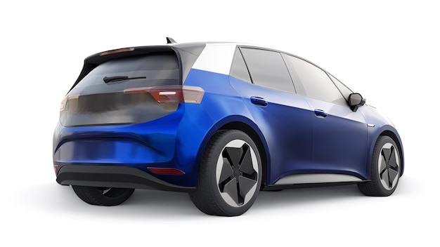 Nieuwe generatie donkerblauwe elektrische stads hatchback auto met uitgebreid bereik 3d illustratie