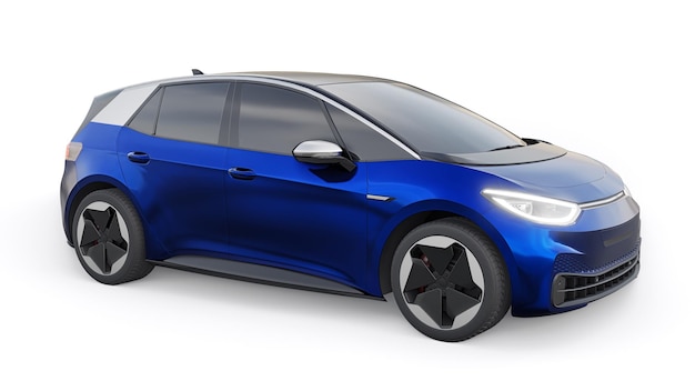 Nieuwe generatie donkerblauwe elektrische stads hatchback auto met uitgebreid bereik 3d illustratie