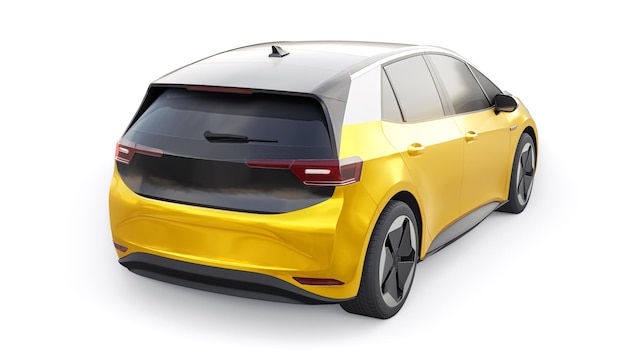 Nieuwe generatie gele elektrische stads hatchback auto met uitgebreid bereik 3d illustratie